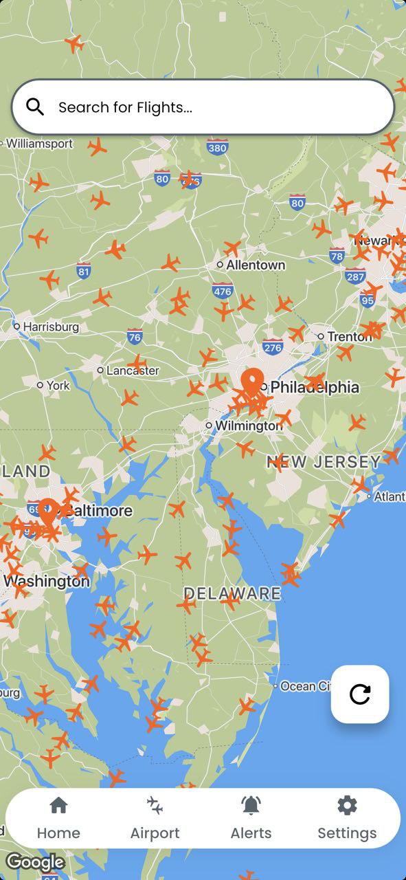 Search bar and flight search results